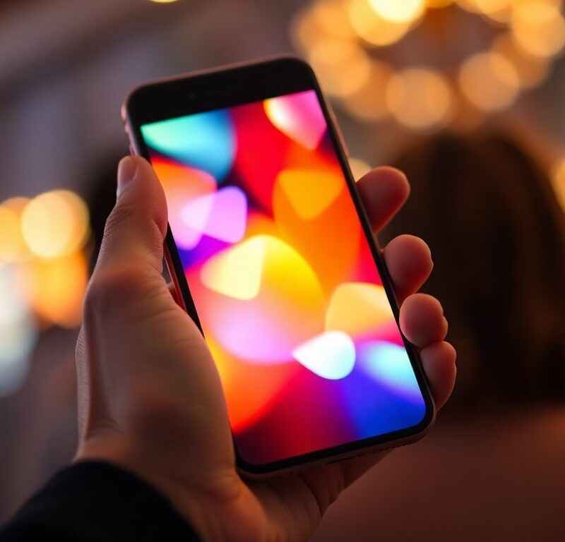 Person holding smartphone with colorful abstract shapes on screen.