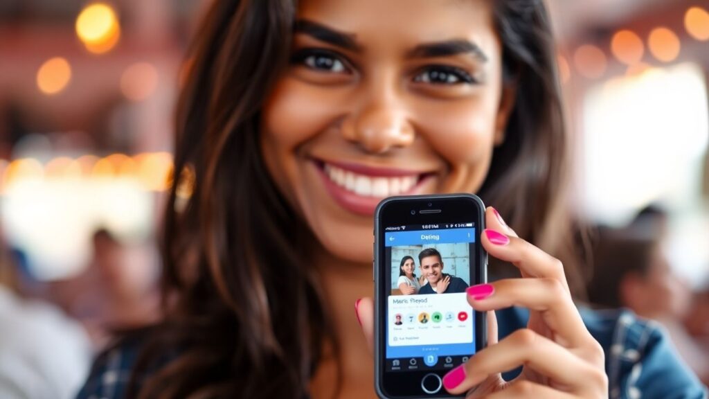 Person smiling while holding a smartphone with a dating app.