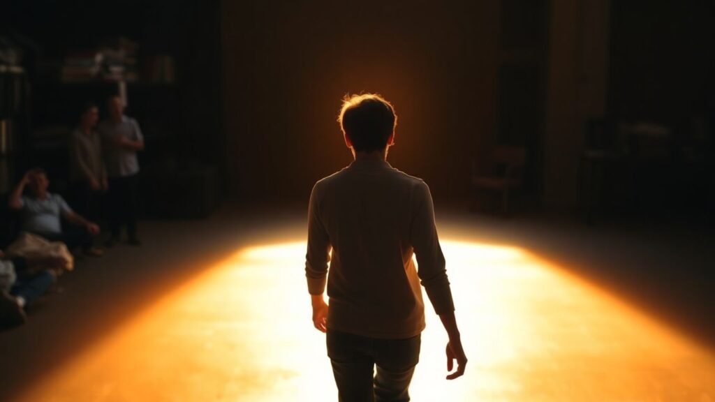 Person walking towards light, leaving a shadow behind.