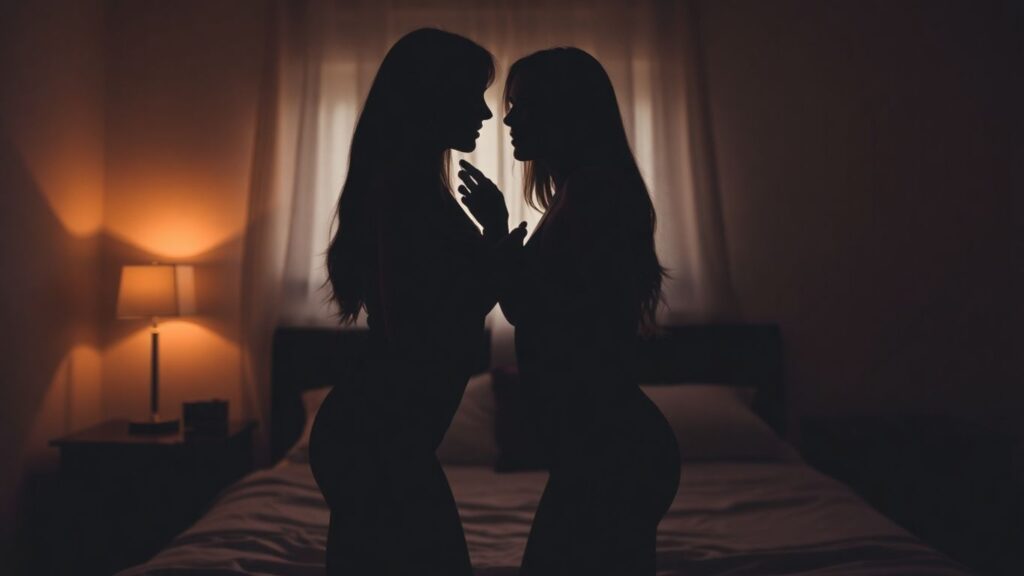 Silhouetted couple in a bedroom, intimate and suggestive.