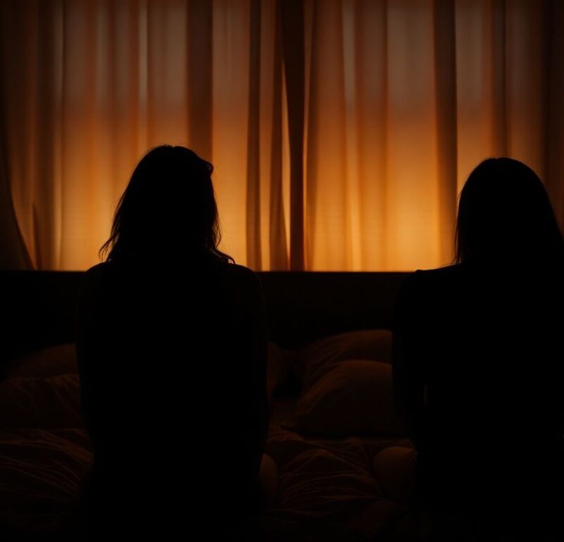 Silhouettes of couples in a bedroom, suggesting intimacy.