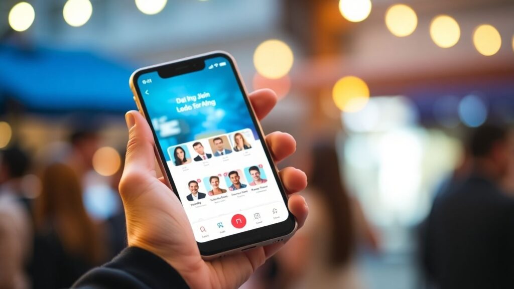 Smartphone with dating app, blurred social background.