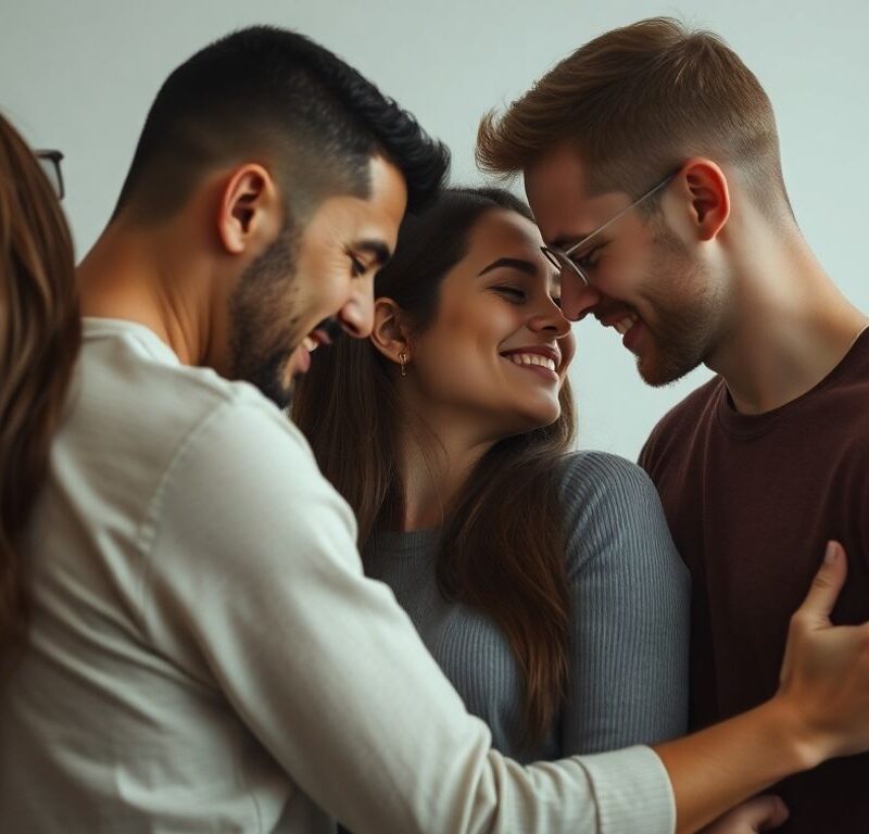 Three people in an intimate embrace.