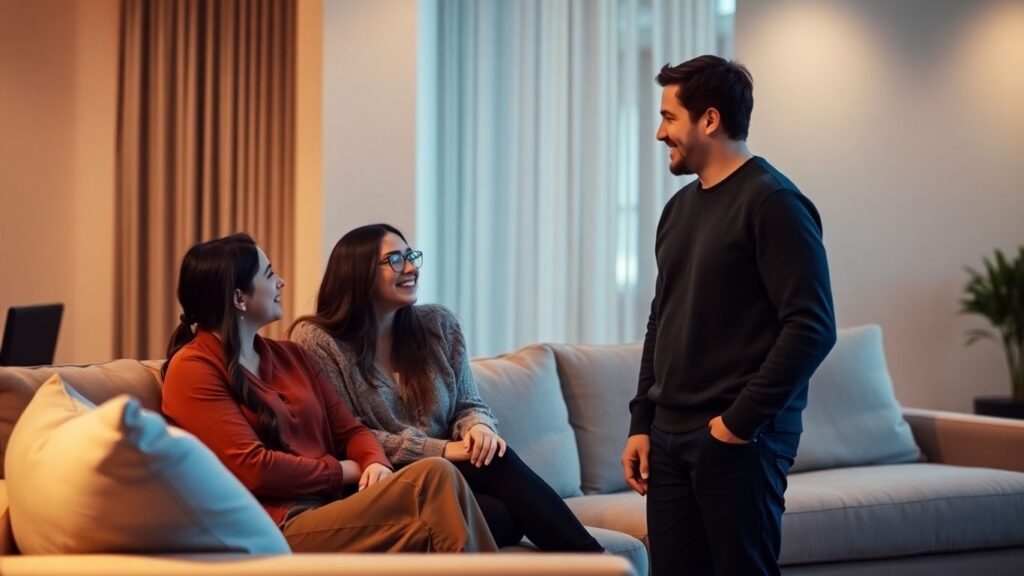 Two couples socializing in a modern living room.