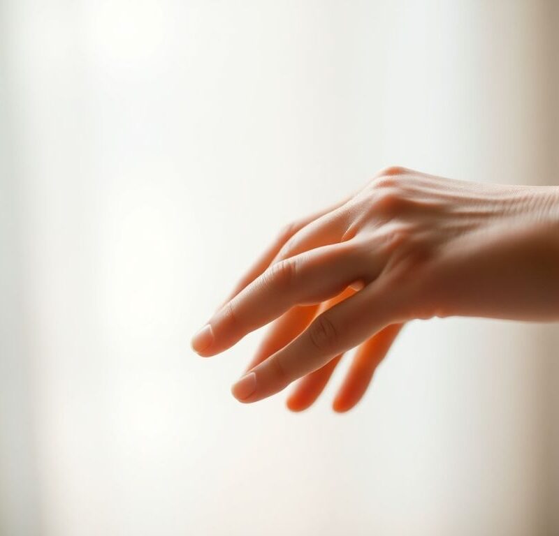 Two hands gently interlocking fingers in soft light.