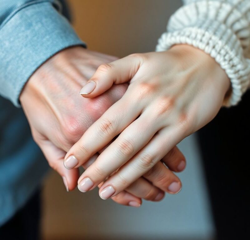 Two hands intertwined in a warm, intimate embrace.