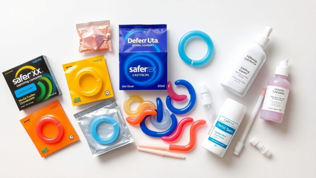 Various safer sex tools including condoms and dental dams.