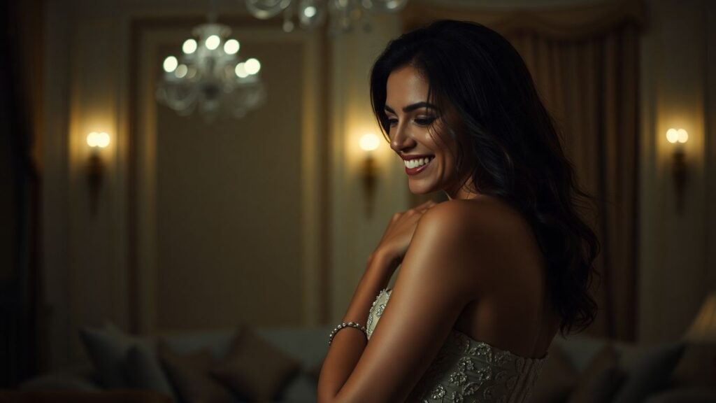 Woman in a luxurious, softly lit room.