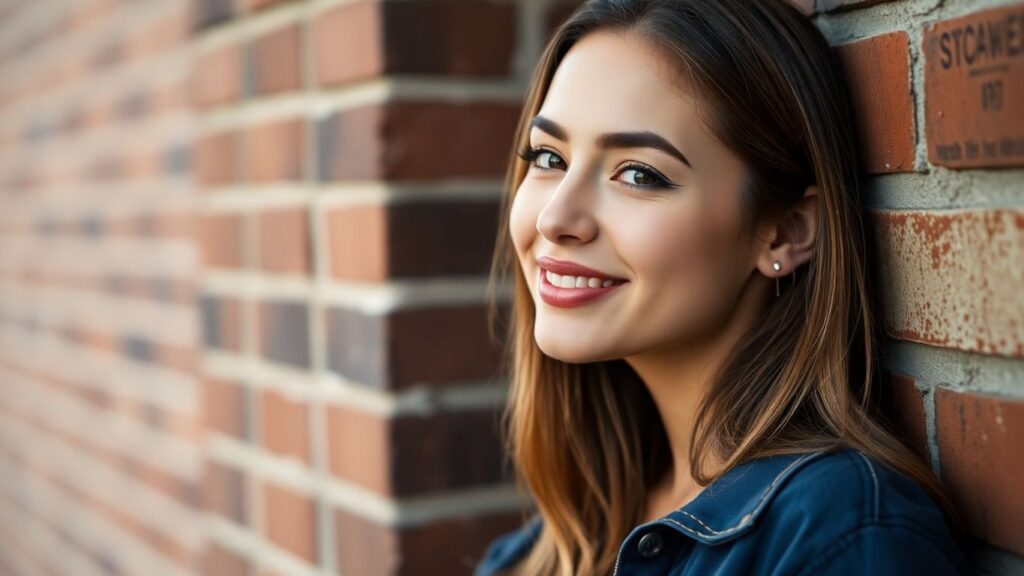 Woman with a playful expression against a brick wall.