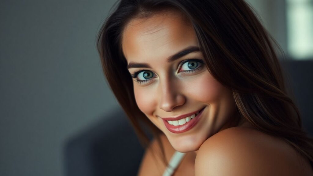 Woman with a playful smile, soft lighting, subtle allure.