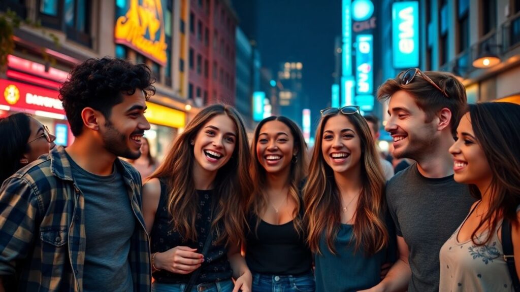 Young adults enjoying a night out in a city.