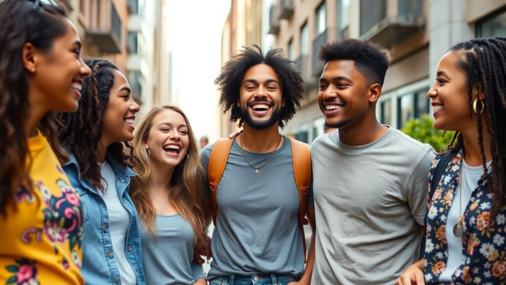 Young adults enjoying casual connections in a modern urban environment.