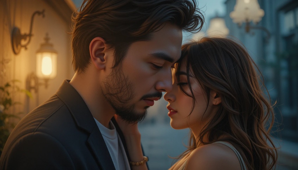 Couple sharing an intimate moment with soft lighting.