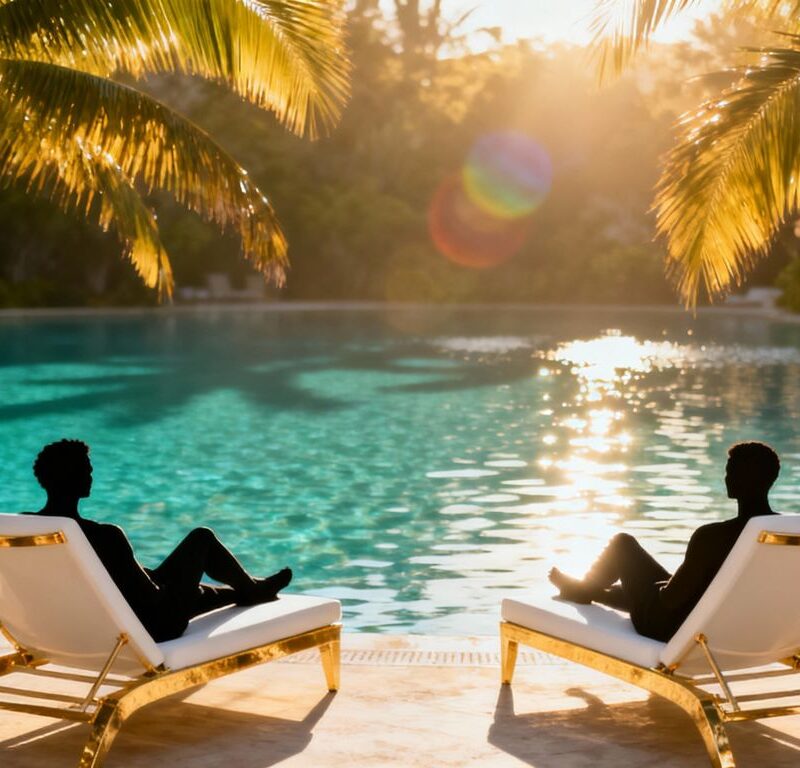 Adult-only resort pool with palm trees and lounge chairs.