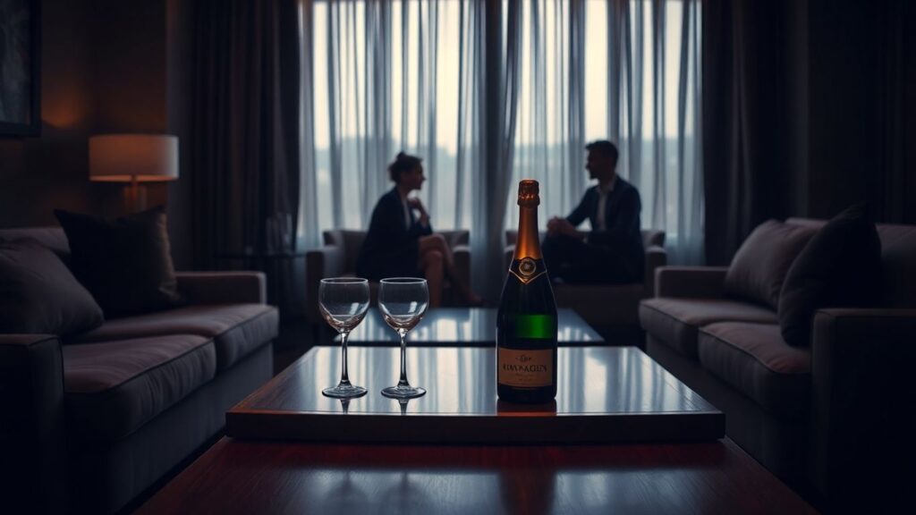 Adult-only resort suite with champagne and silhouettes.