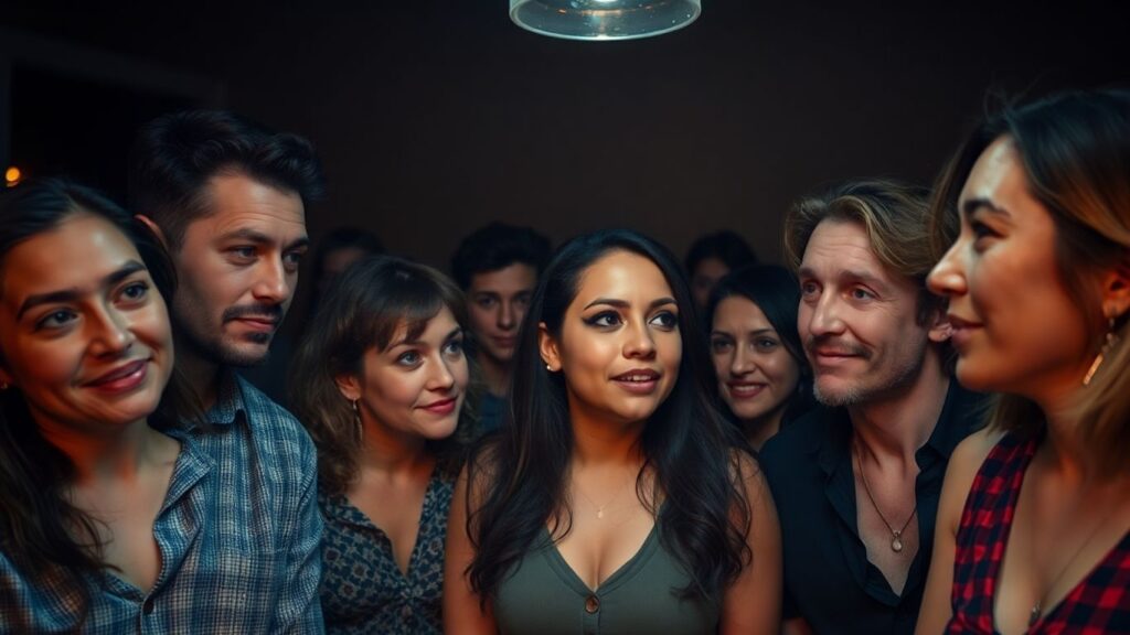 Adults communicating through body language and expressions.