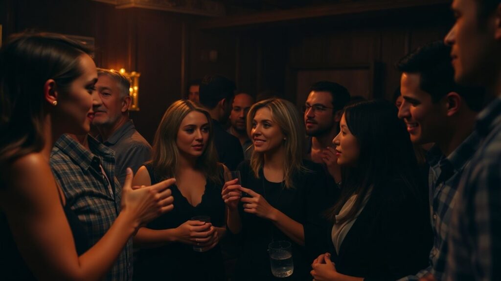 Adults in a social setting exchanging glances.