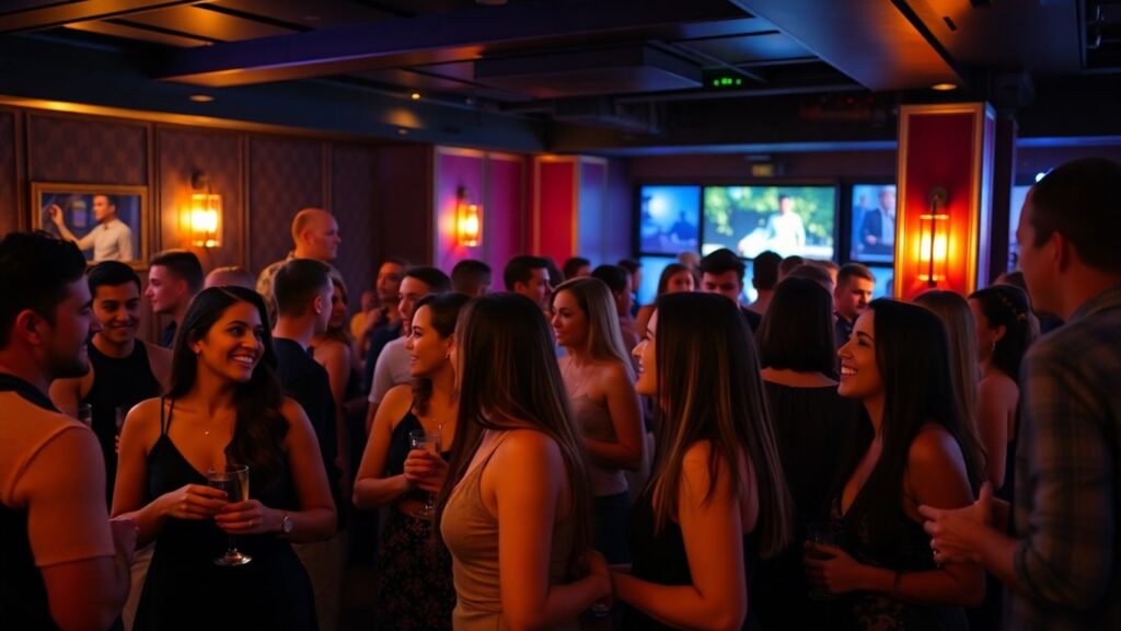 Adults mingling in a cozy, stylish swinger club lounge