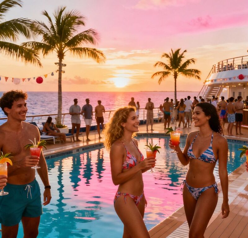 Adults mingling on a Caribbean cruise ship deck