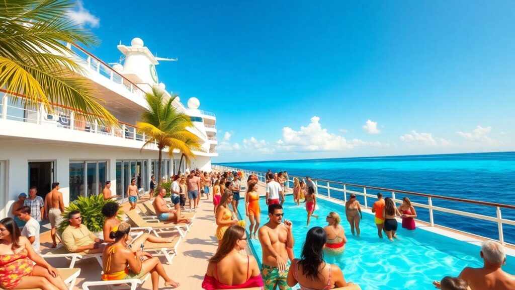 Adults mingling poolside on a Caribbean cruise ship.