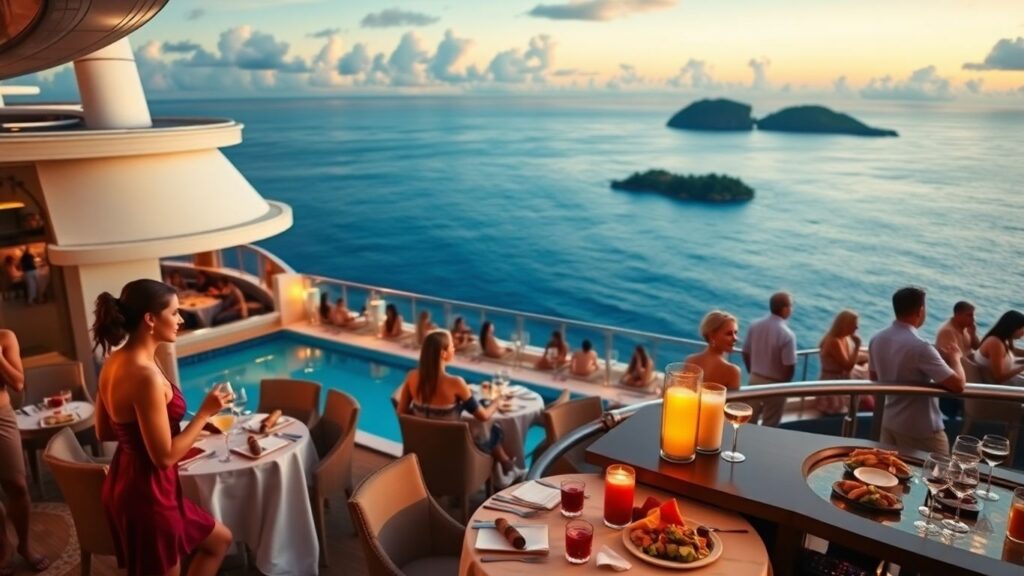 Adults socializing on Caribbean cruise with cocktails and dining.