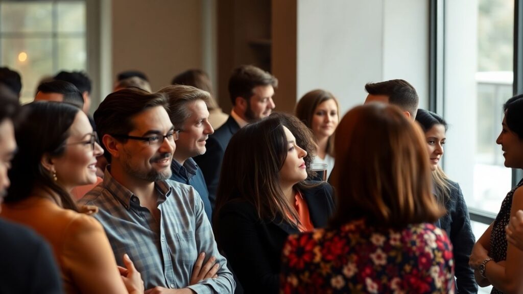 Adults subtly interacting in a social setting.