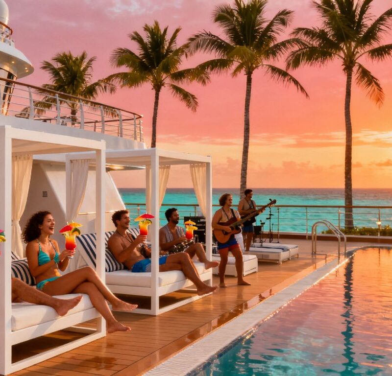 Caribbean cruise party on deck with adults at sunset