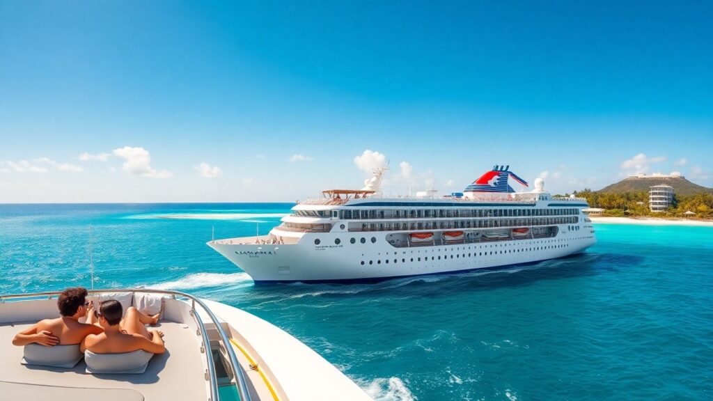 Caribbean cruise ship and couples on tropical island resort