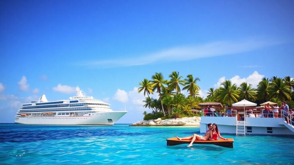 Caribbean cruise ship and tropical resort couples relaxing