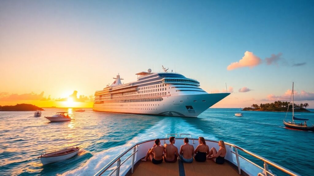 Caribbean cruise ship at sunset with couples on deck