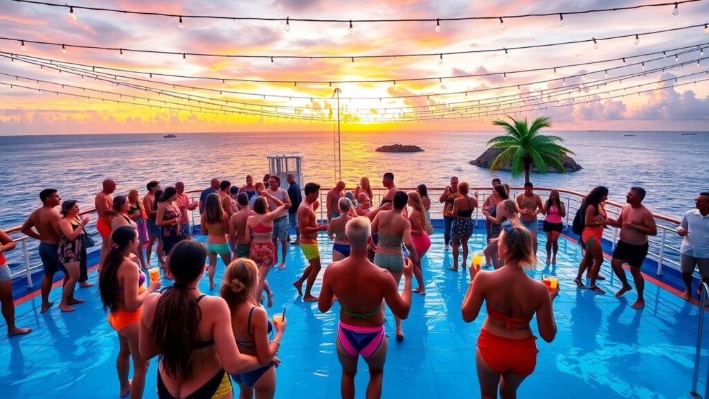 Caribbean cruise ship party with people by pool