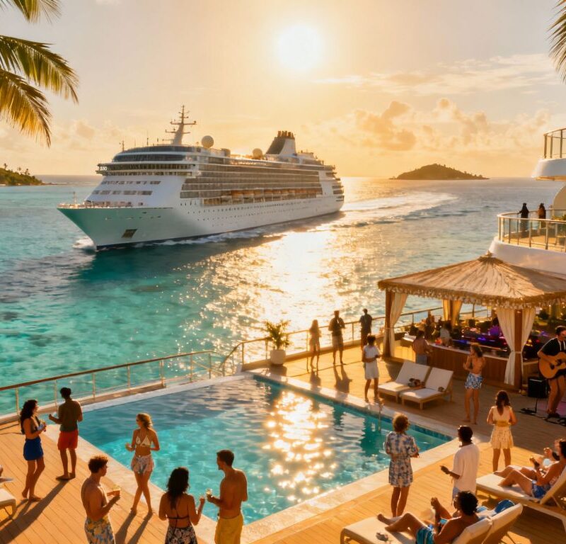 Caribbean cruise ship with adults enjoying pool deck