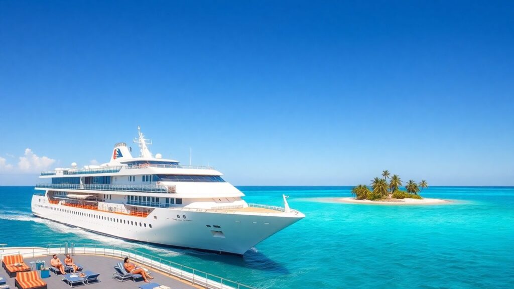 Caribbean cruise ship with sunbathers and tropical waters