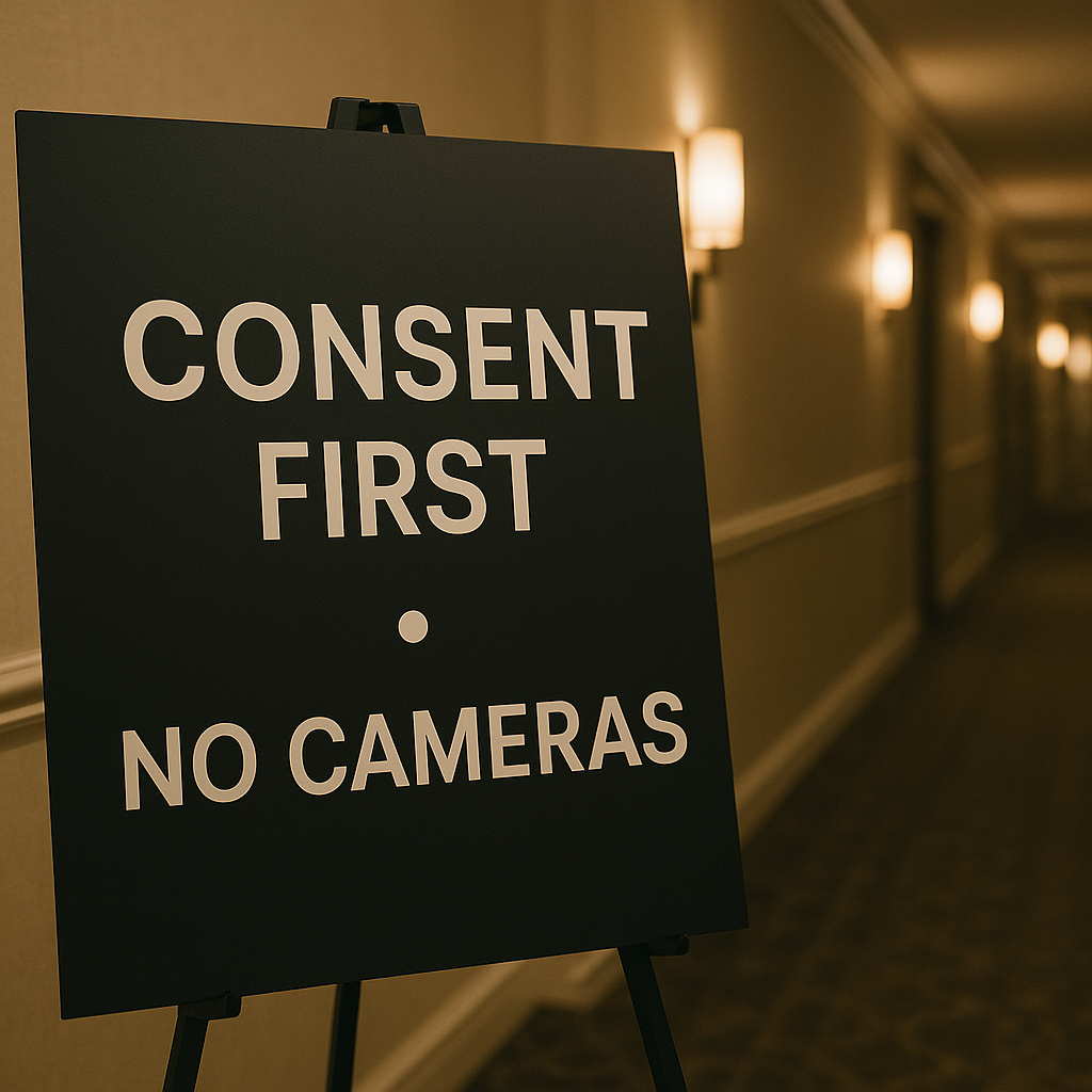 &ldquo;Consent first / no cameras&rdquo; signage in a softly lit hallway