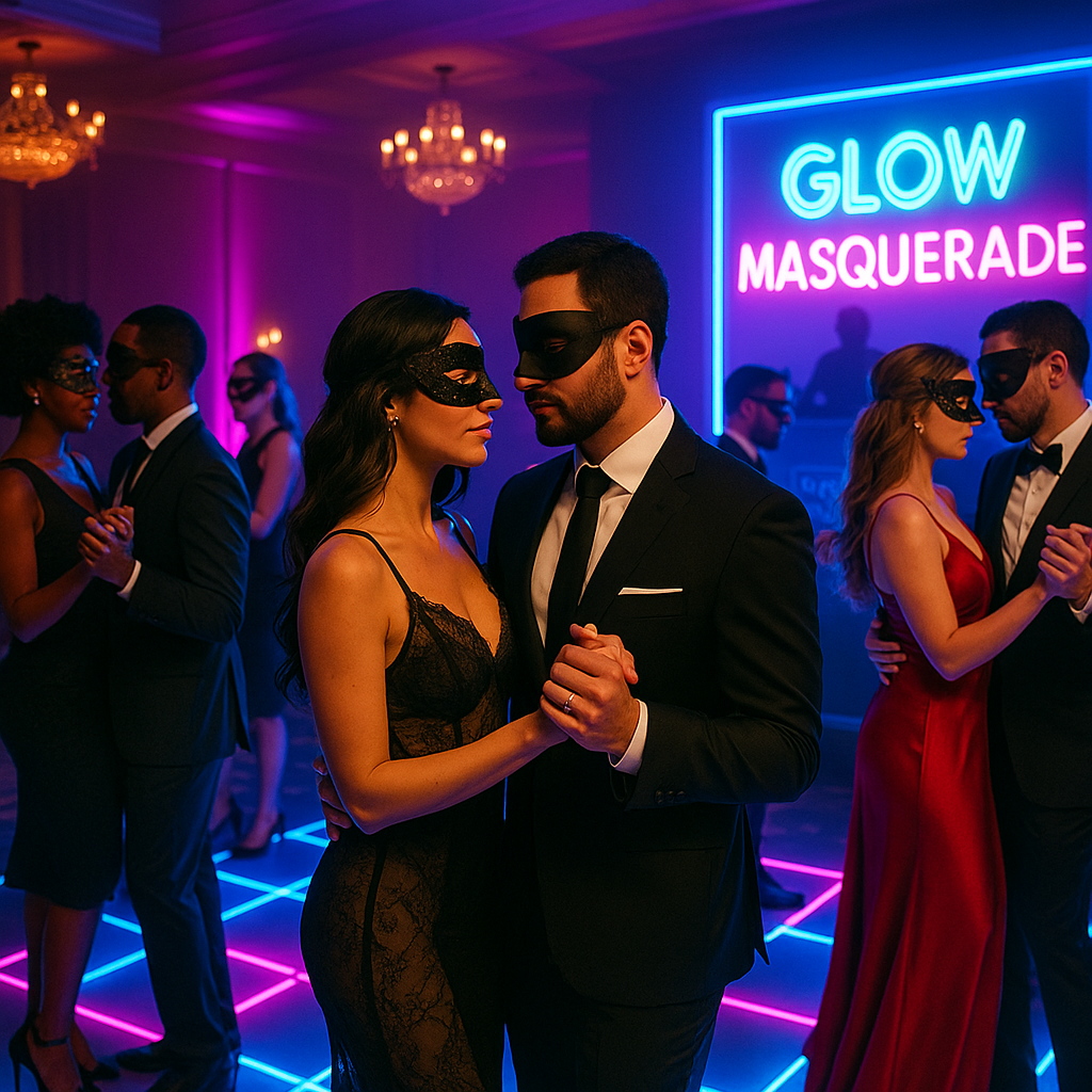 Themed dance floor (glow/masquerade) with well-dressed couples