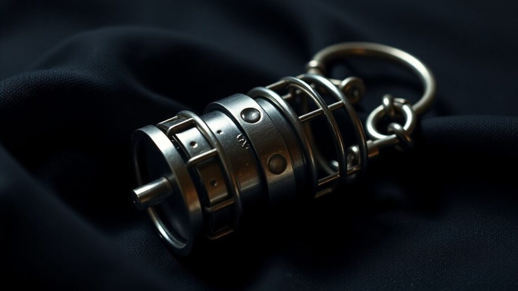 Close-up of a metal chastity device.