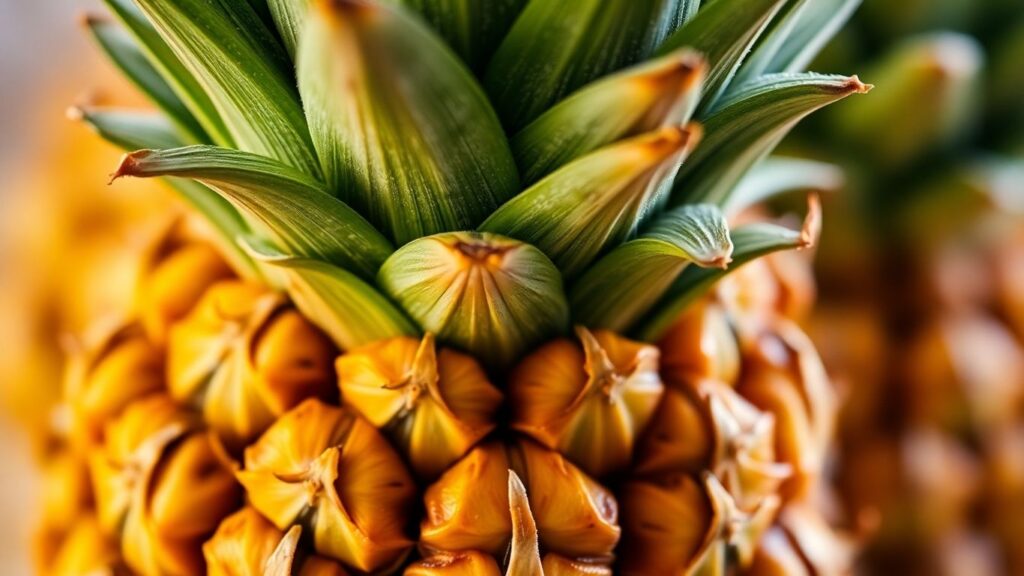 Close-up of a ripe pineapple with a spiky green crown.