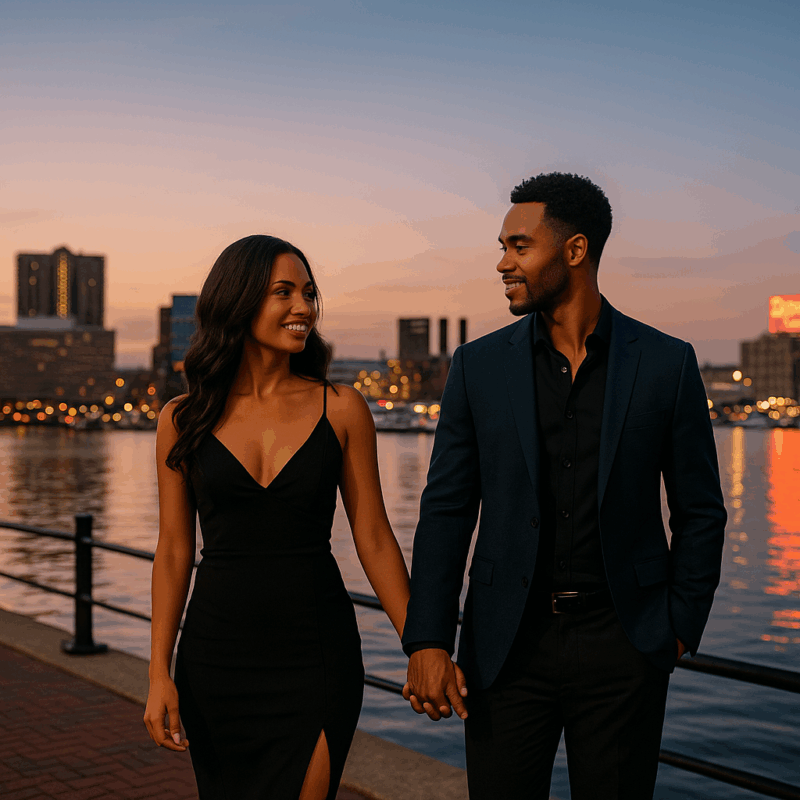 Couple dressed up walking by Baltimore’s Inner Harbor at twilight, skyline lights reflecting on the water