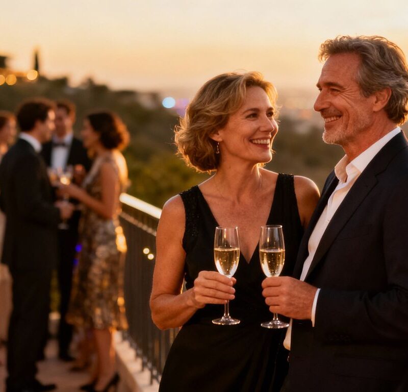 Couple at a sophisticated swingers party.