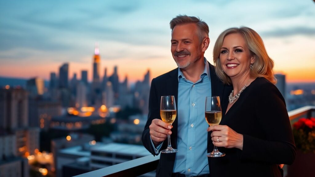 Couple celebrating on a balcony at dusk.