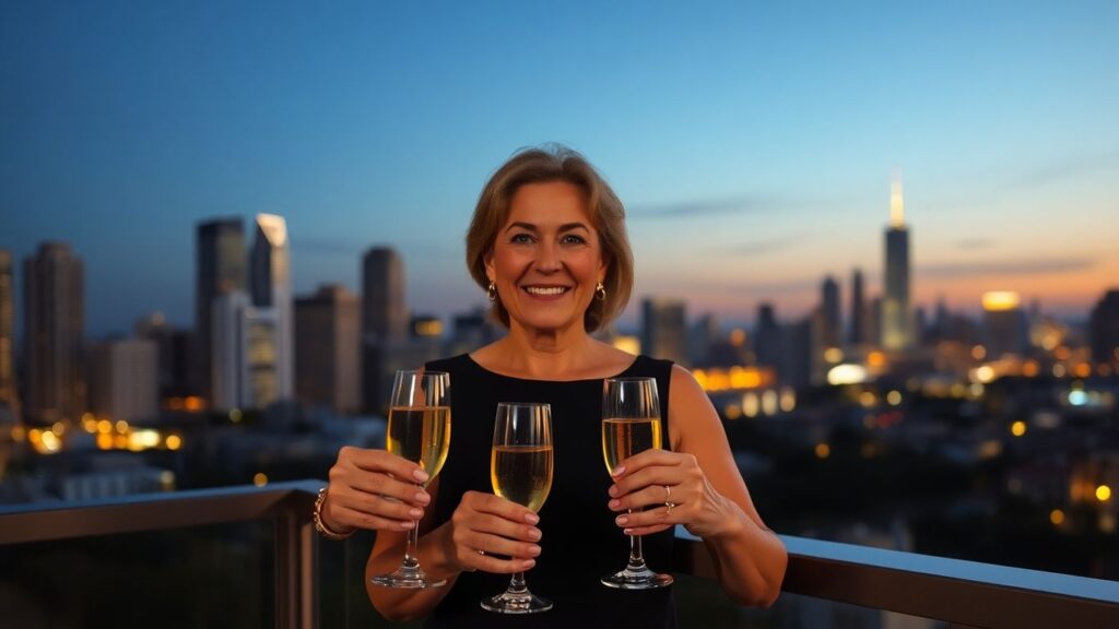 Couple celebrating on a balcony at dusk.