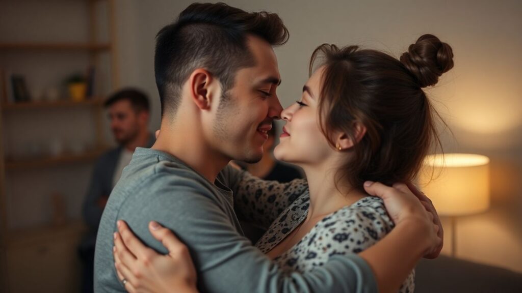 Couple embracing, hinting at polyamory and swinging.