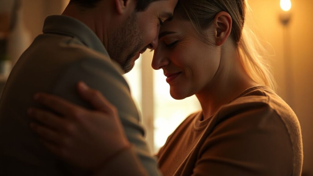 Couple embracing intimately, conveying connection and comfort.