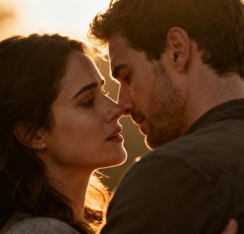 Couple embracing intimately with expressions of deep connection.