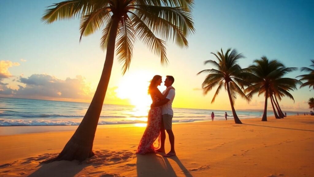 Couple embracing on a Florida beach at sunset.