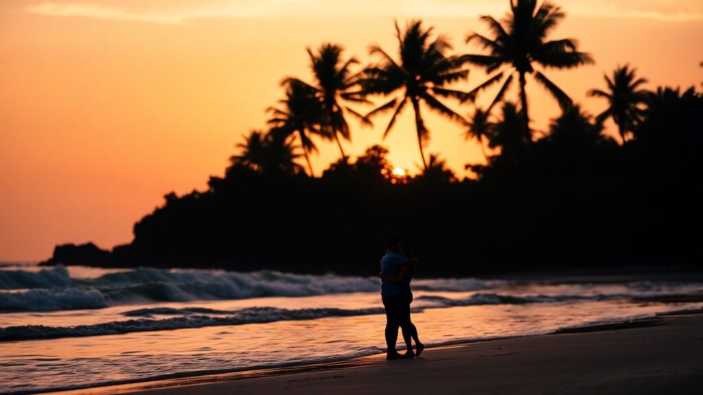 Couple embracing on a secluded beach at sunset.