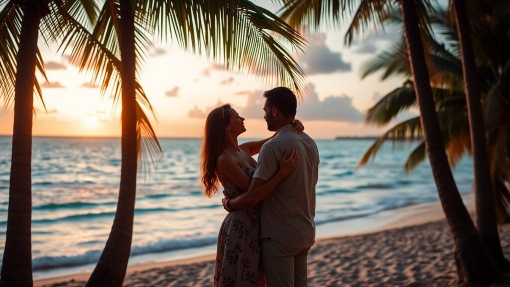 Couple embracing on a secluded beach at sunset.