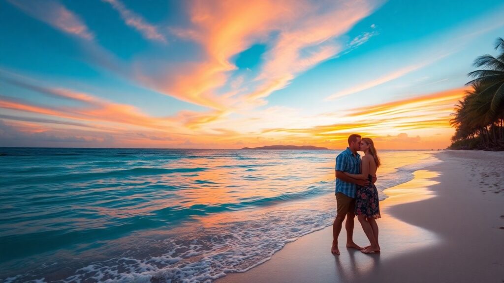 Couple embracing on a tropical beach at sunset.