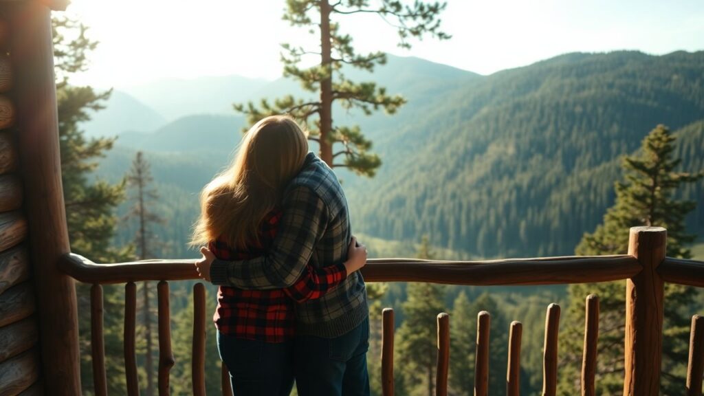 Couple embracing on balcony with mountain view