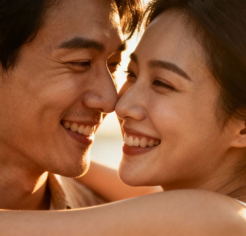 Couple embracing, radiating warmth and happiness.